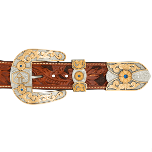 A custom western three piece belt buckle set featuring a golden bronze ranch brand, scrollwork and blue zirconia stones